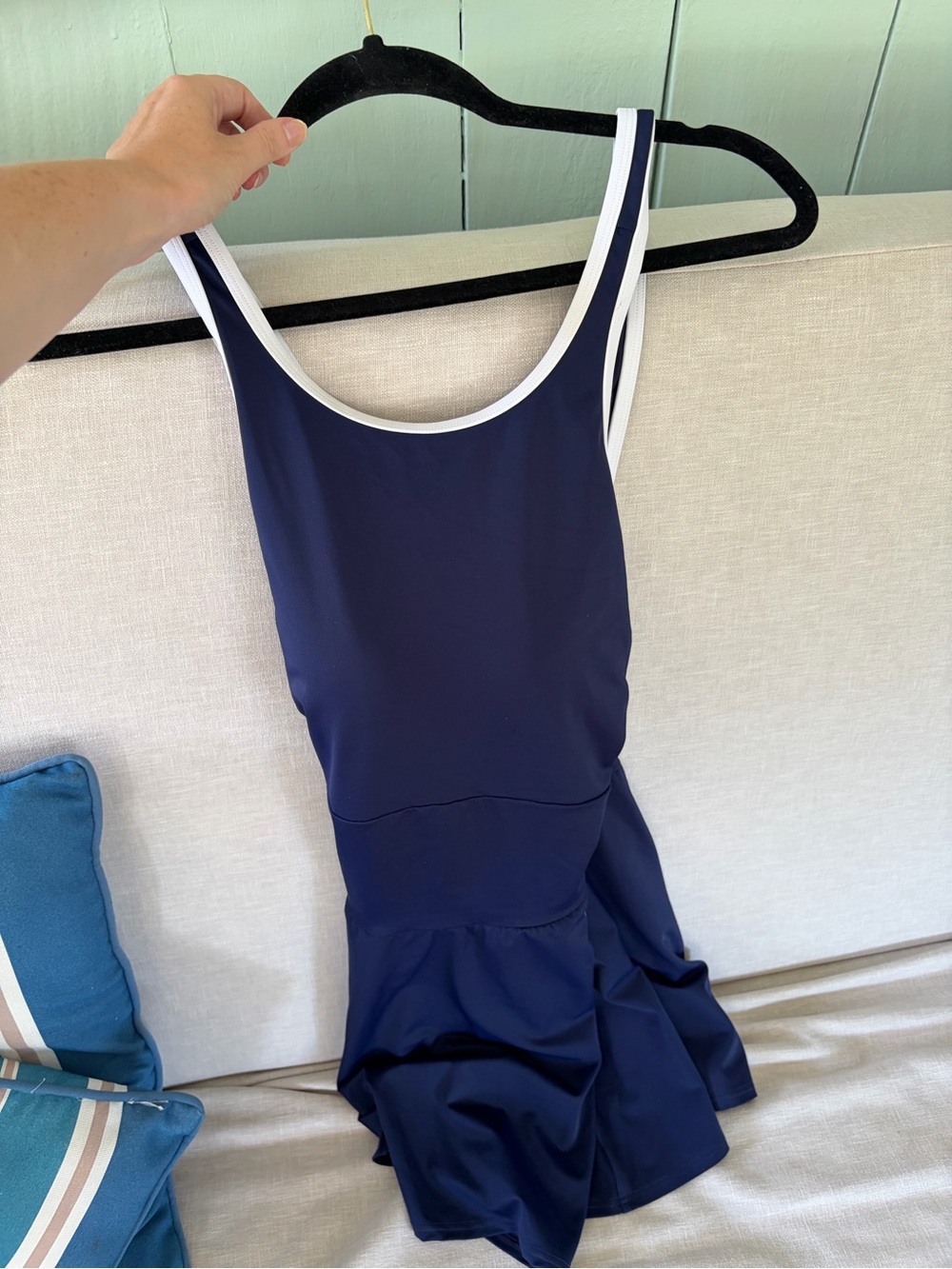 Lands End Navy Blue Tank Skirted Swimsuit with White Trim, size 8